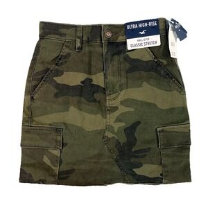 NWT Hollister High-Rise Camo Cargo Mini Skirt 00 W23 Stretch Raw hem Grunge Army
